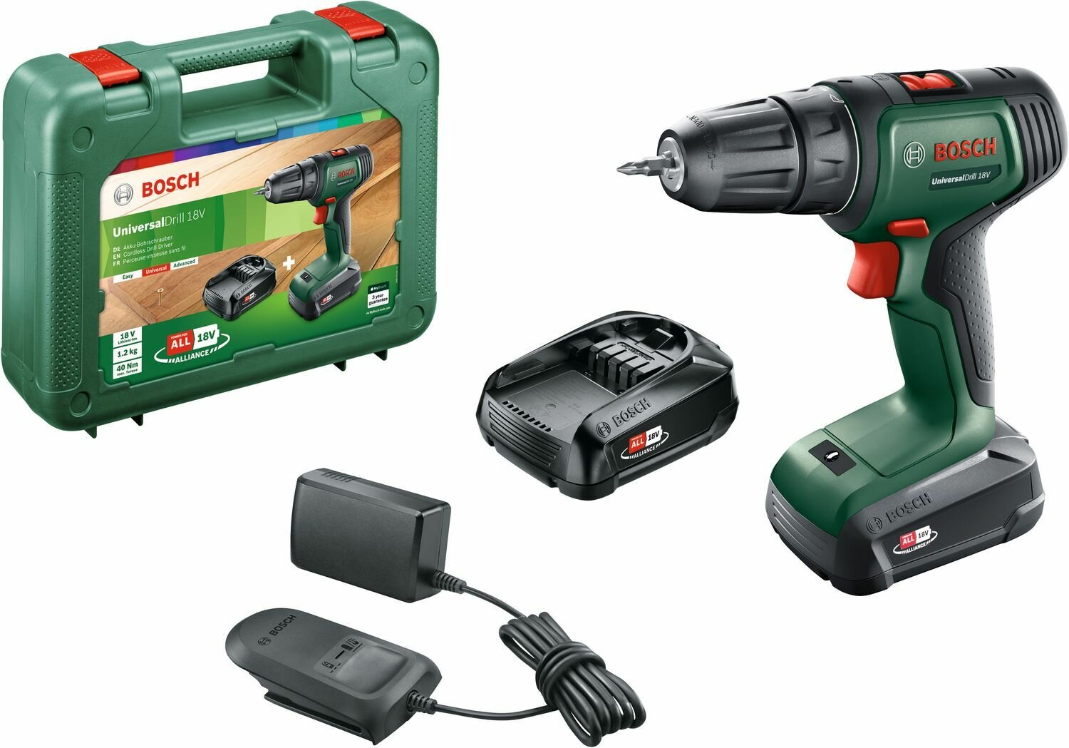 Дрель-шуруповерт BOSCH UniversalDrill 18V, 1.5Ач, с двумя аккумуляторами [06039d4002] - фото №2