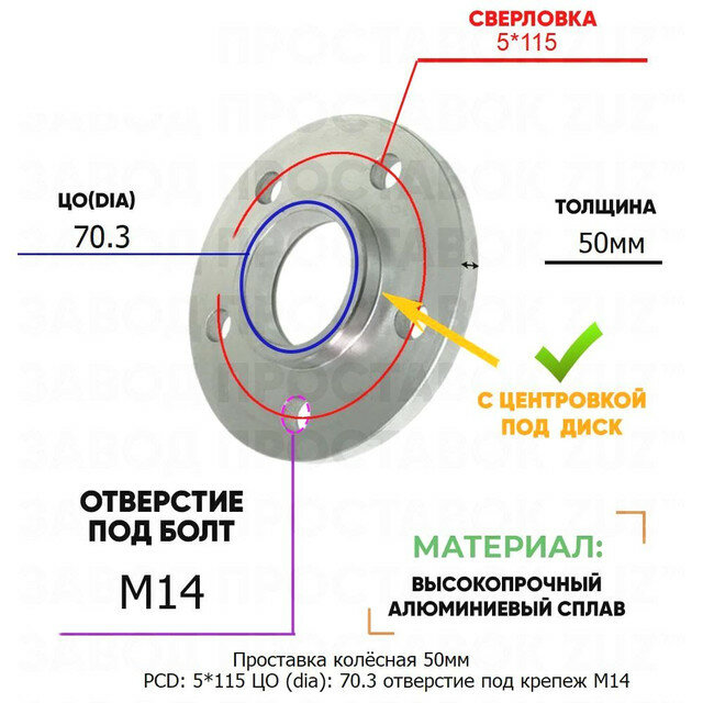 Проставка колёсная 50мм PCD: 5*115 ЦО (DIA): 703 с бортиком отверстие под крепёж M14 на ступицу: Buick Cadillac 5x115 5х115