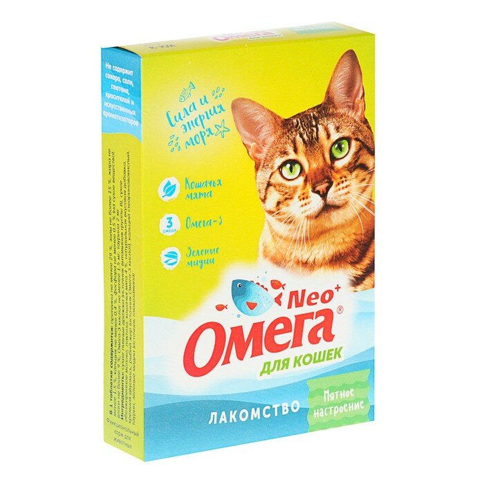 Лакомство Омега Nео+ "Мятное настроение" для кошек, с кошачьей мятой, 90 табл (2 шт)