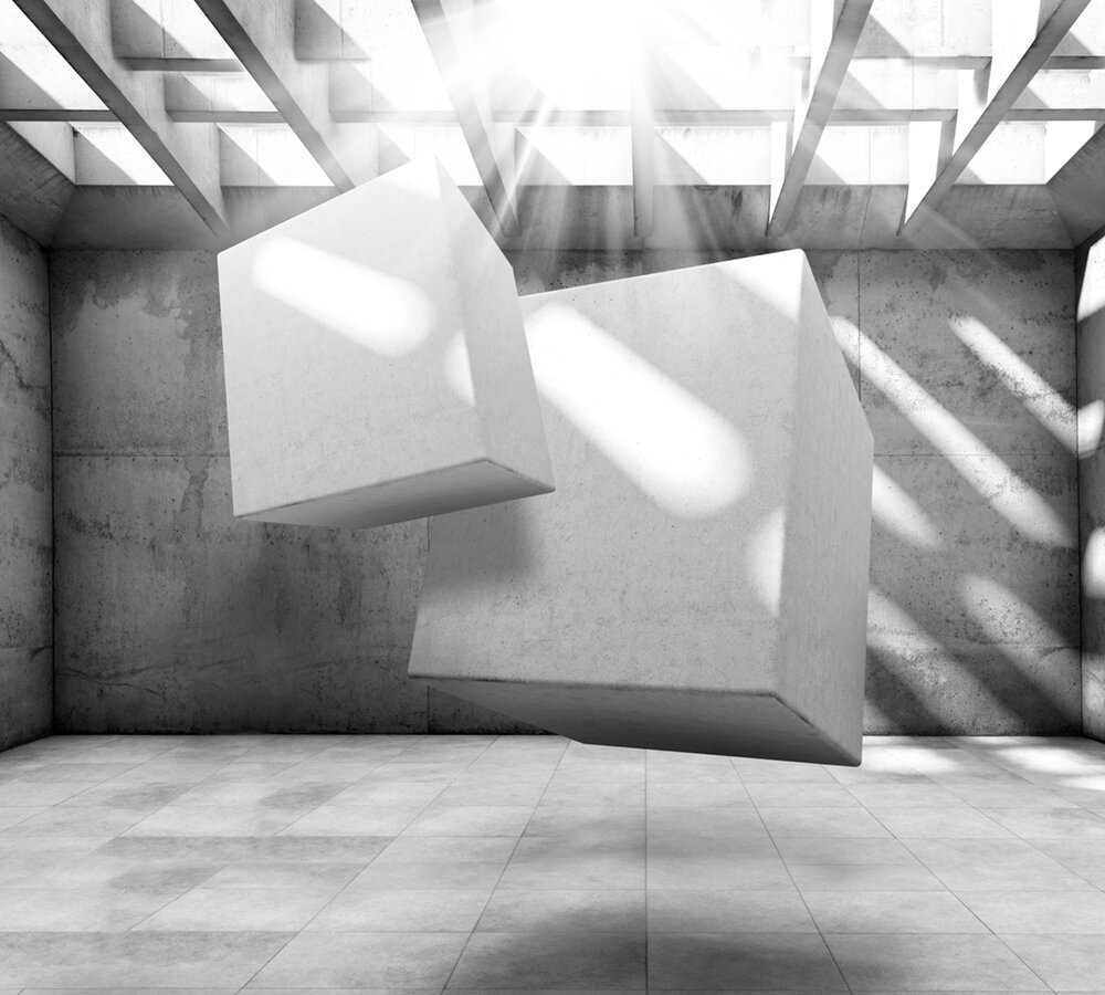 Моющиеся виниловые фотообои GrandPiK Бетонные кубы в комнате из бетона 3D 300х270 см
