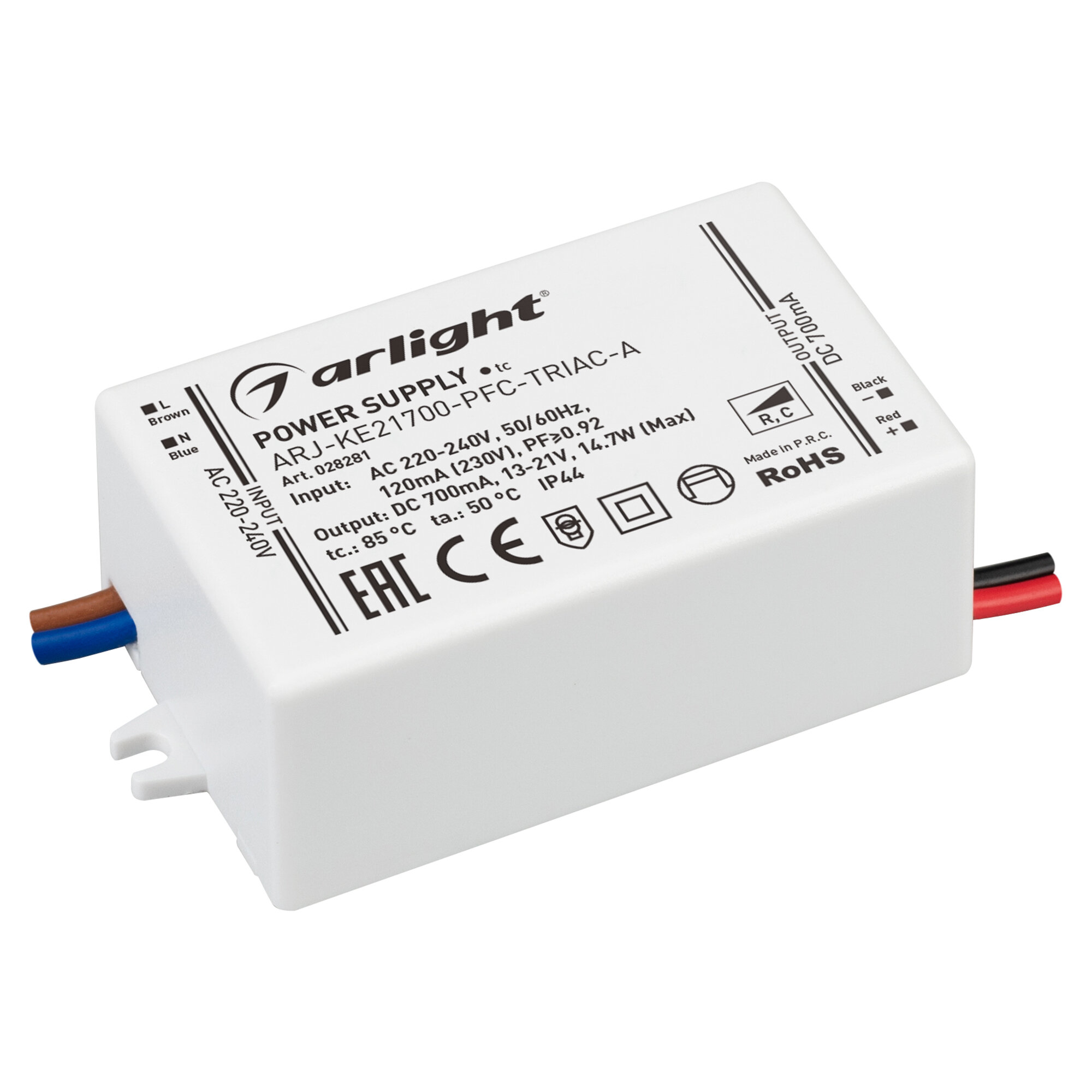 Блок питания ARJ-KE21700-PFC-TRIAC-A (15W, 700mA) (Arlight, IP44 Пластик, 5 лет) (028281)