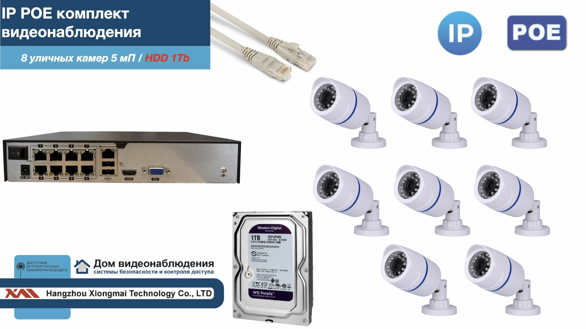 Полный IP POE комплект видеонаблюдения на 8 камер (KIT8IPPOE100W5MP-2-HDD1Tb)