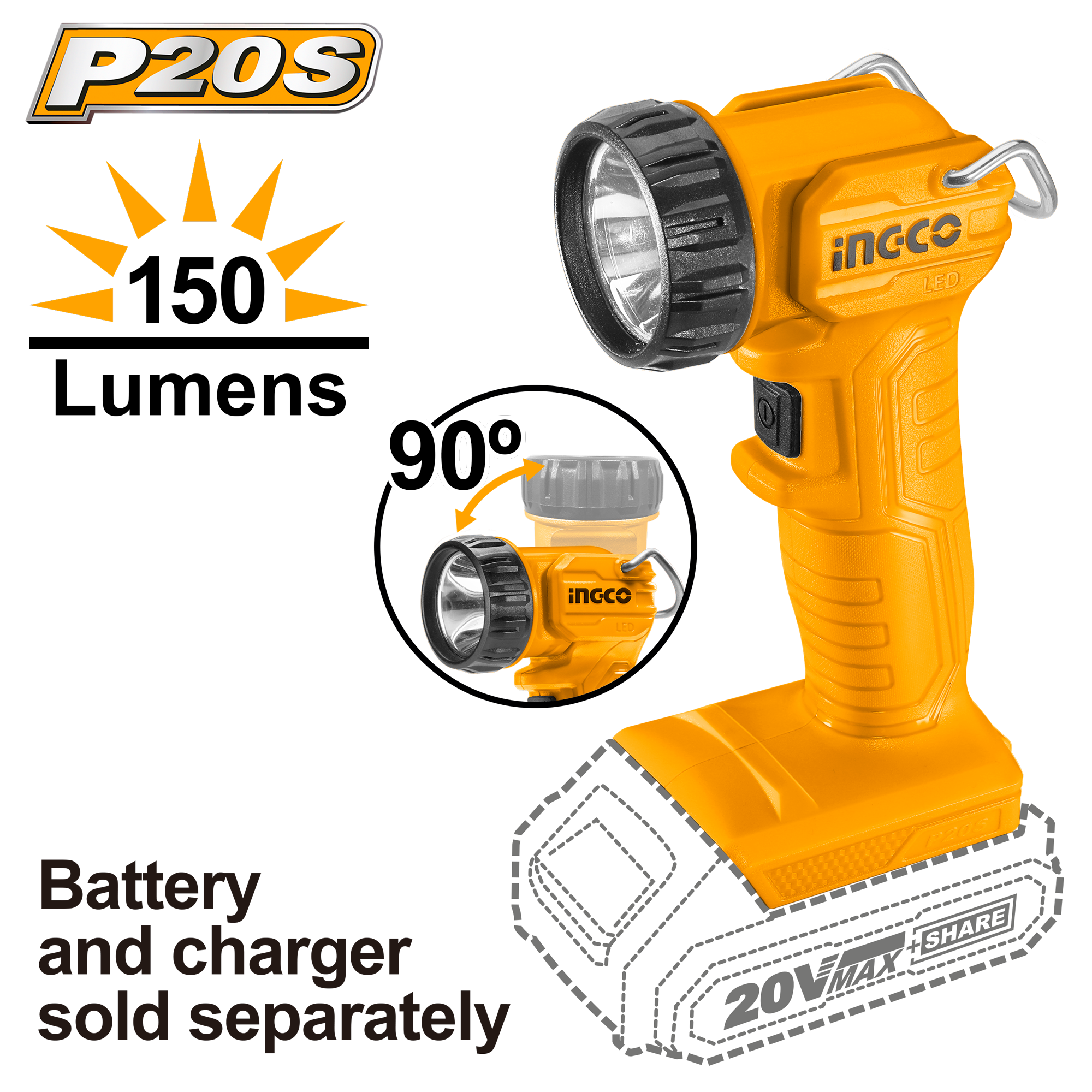 Фонарь аккумуляторный INGCO CWLI2023 150 Лм 20 В