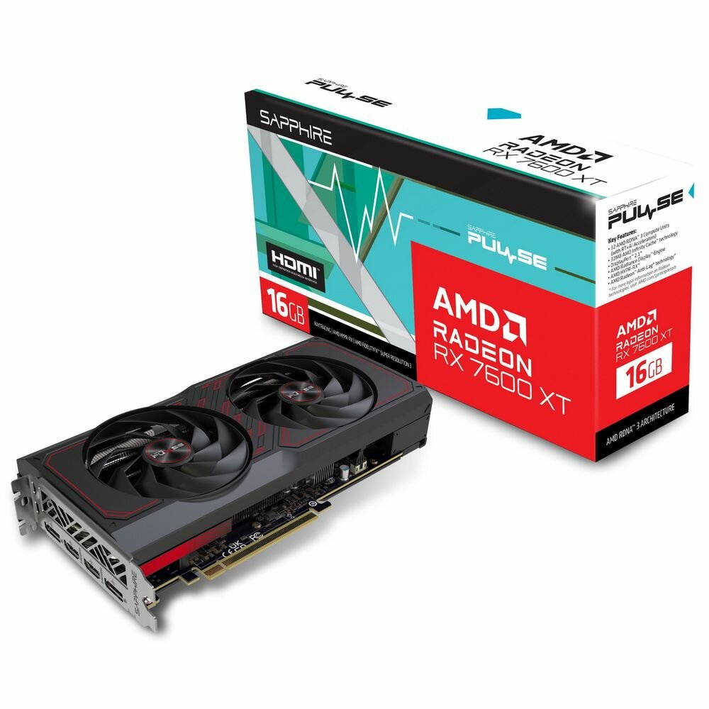 Sapphire Видеокарта Sapphire RX7600XT PULSE GAMING OC 16GB GDDR6 128bit 2xDP 2xHDMI 2FAN Radeon RX 7600 XT