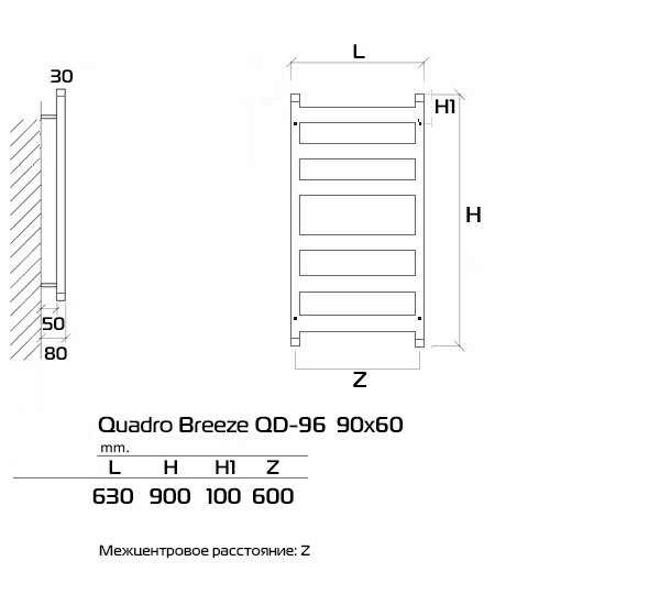 Quadro Breeze 150x60 (см) полотенцесушитель водяной Черный - фотография № 6
