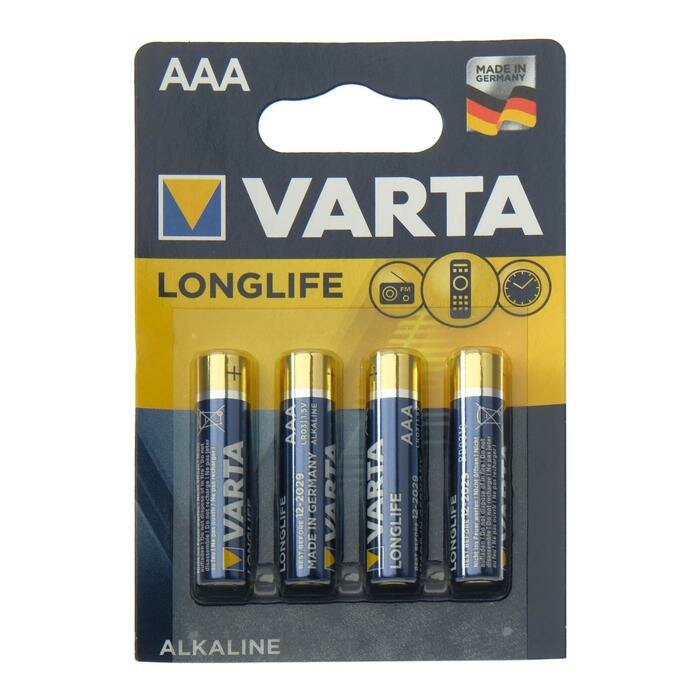 Батарейки Varta Батарейка алкалиновая Varta LongLife, AAA, LR03-4BL, 1.5В, блистер, 4 шт.