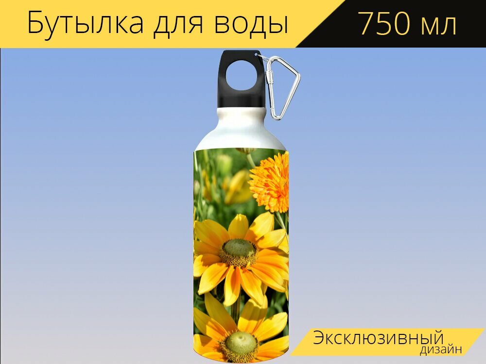 Бутылка фляга для воды "Высокая шляпа от солнца, rudbeckia nidita, цветочный луг" 750 мл. с карабином и принтом