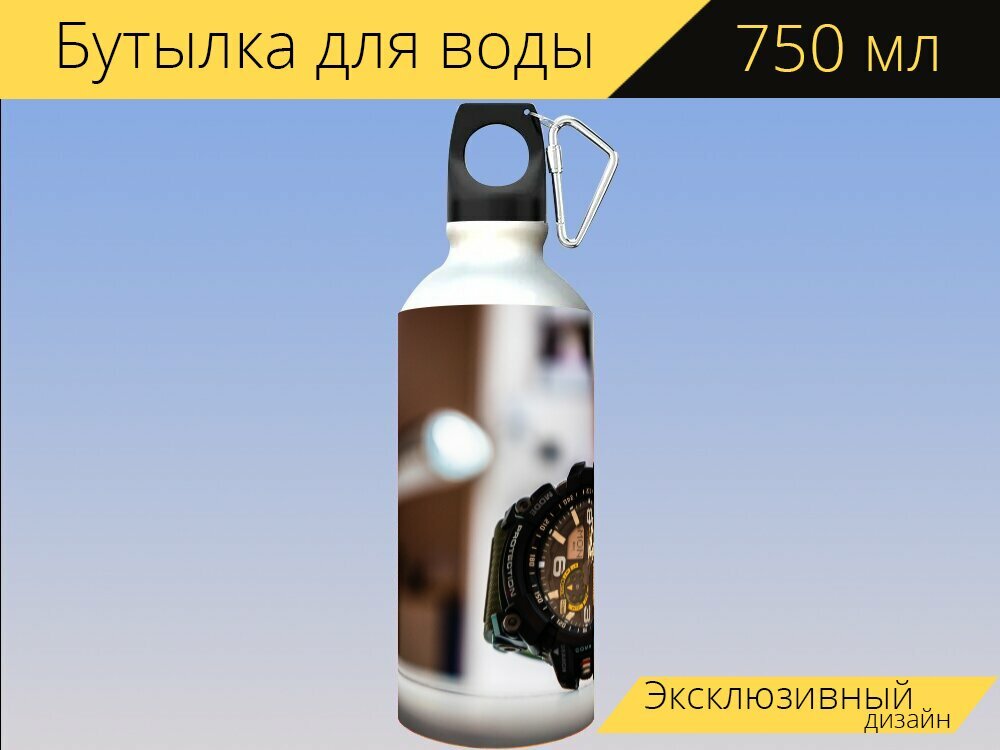 Бутылка фляга для воды "Часы, касио, время" 750 мл. с карабином и принтом