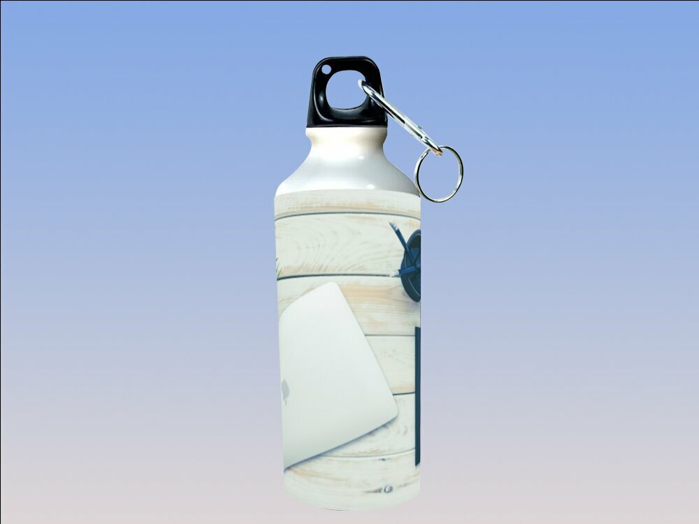 Бутылка фляга для воды "Ноутбук, плоская планировка, рабочее пространство" 750 мл. с карабином и принтом