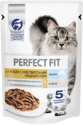 Perfect Fit Влажный корм для кошек с чувствительным пищеварением, с лососем в соусе, 75г 1023776910245344, 0,075 кг (10 шт)