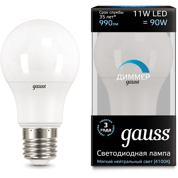 Светодиодная лампа Gauss Black LED A60 E27 11W 4100K Диммируемая 102502211-D