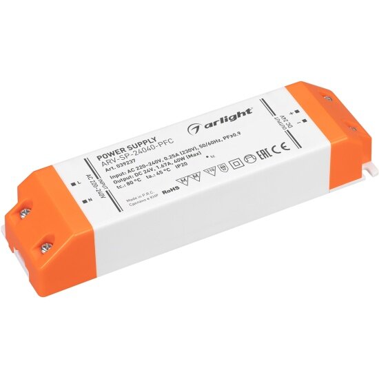 Блок питания Arlight ARV-SP-24040-PFC (24V, 1.67A, 40W) (, IP20 Пластик, 5 лет)