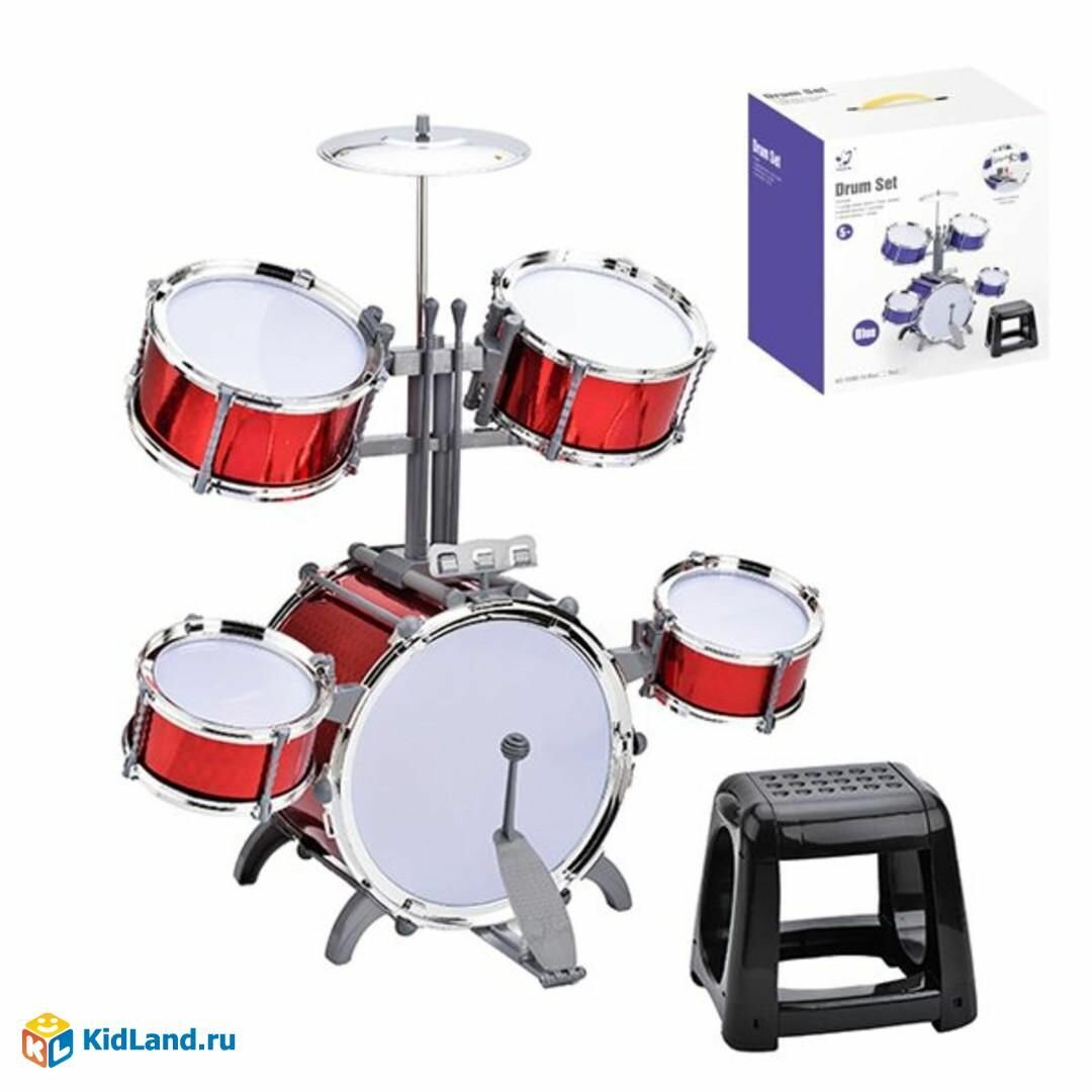 Дефект упаковки Музыкальная игрушка барабанная установка, 5 барабанов, тарелка, стульчик, в ассорт, кор.