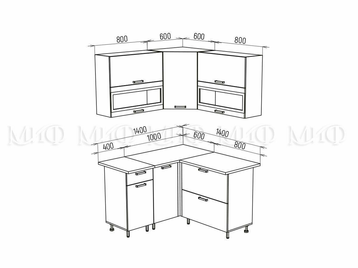 Кухонный гарнитур угловой "Техно", Компоновка №2, 1.4*1.4 м. Горчица софт/Атлантик софт, МиФ - фотография № 2