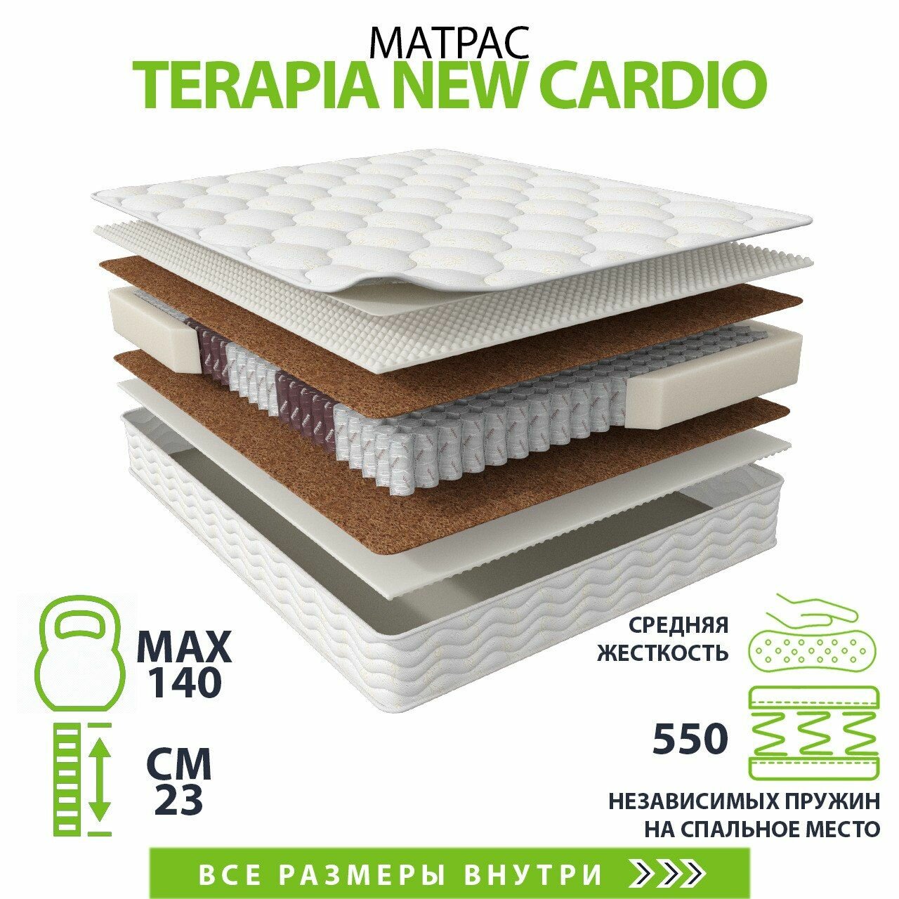 Матрас Terapia New Cardio 160х190, двусторонний с одинаковой жесткостью, кокосовое волокно