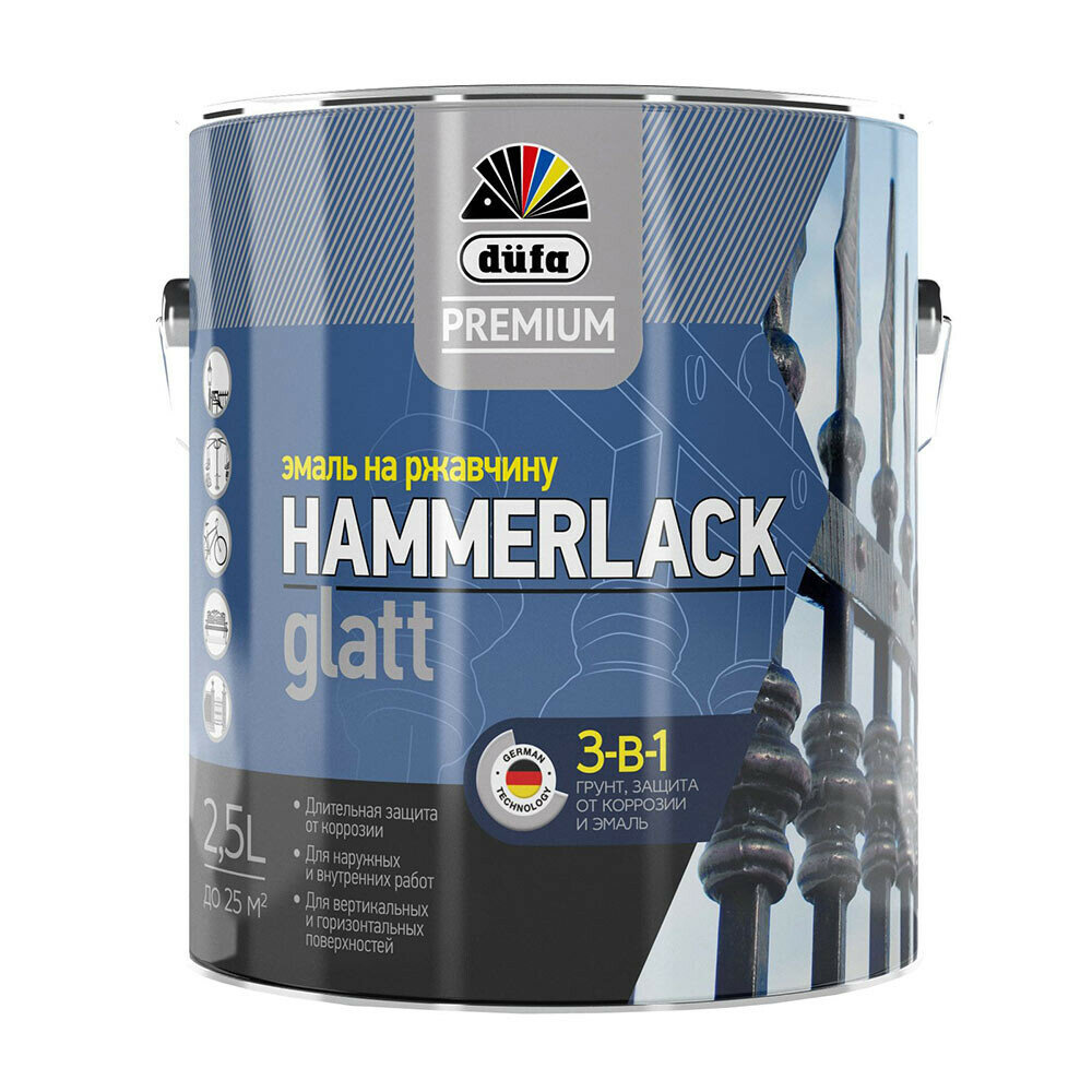 Эмаль по ржавчине 3в1 Dufa Premium Hammerlack серебристая RAL 9006 глянцевая 25 л