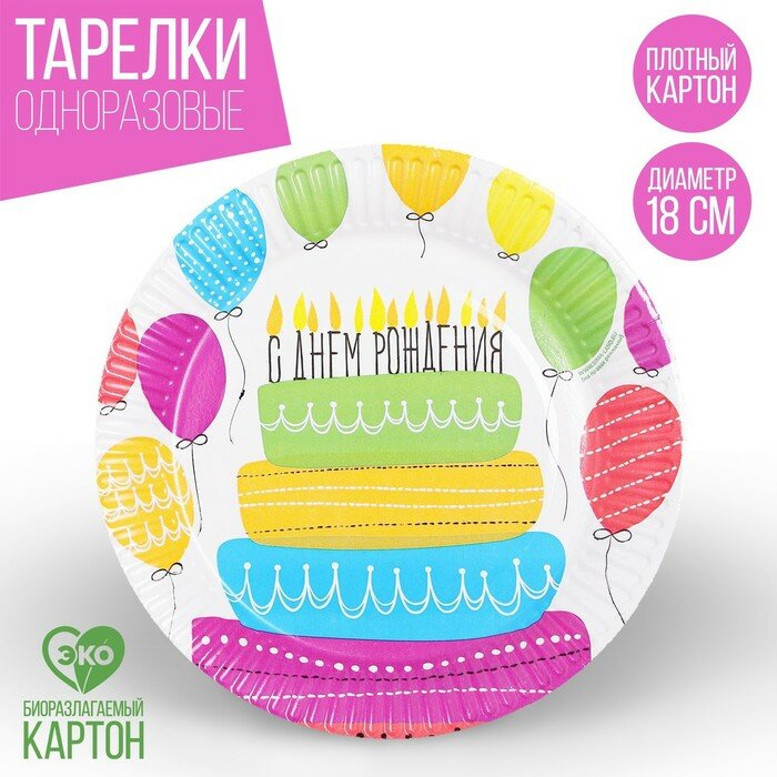 Тарелка бумажная «С днём рождения», торт, 18 см - фотография № 1