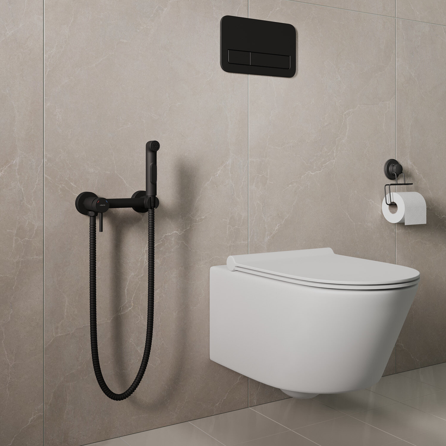 Фото товара на маркетплейсе yandex Смеситель с гигиеническим душем на эксцентриках Milardo Tidy TIDBL15M08 черный матовый