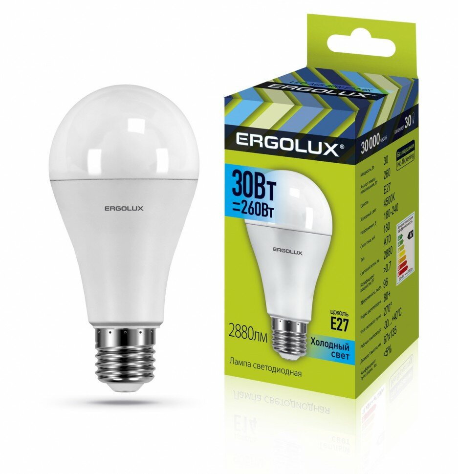 Эл.лампа светодиодная ЛОН LED-А70-30W-E27-4K (30Вт=260Вт 2880Lm E27 4500K 180-240В) Ergolux - фотография № 1