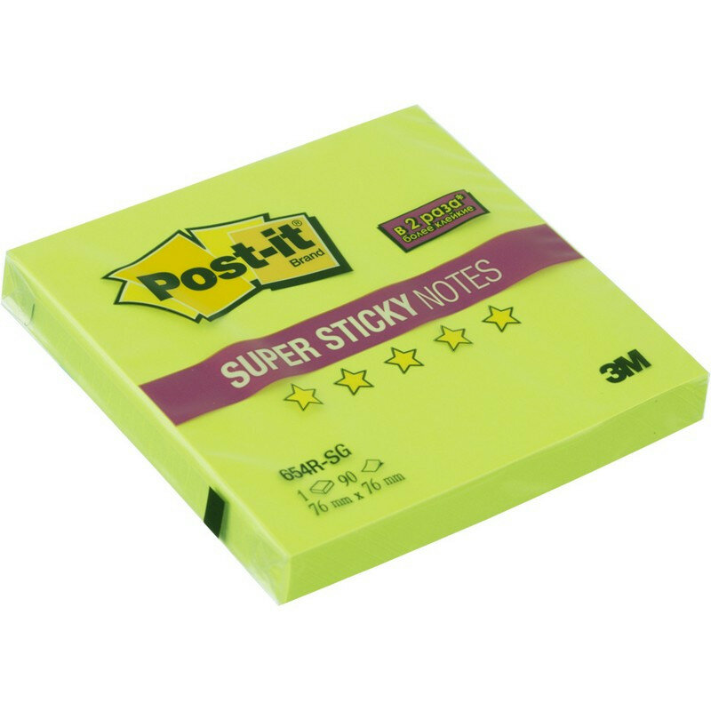 Стикеры Post-it 76x76 мм неоновые зеленые (1 блок, 90 л) Post-it Super Sticky 7100062391 395541