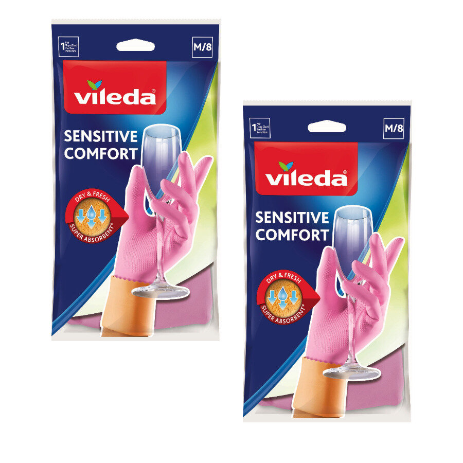 Перчатки латексные для деликатных работ Vileda Сенситив Комфорт, Sensitive, комплект 2 пары - 4 шт, размер M/8, цвет: розовый, 105393-2