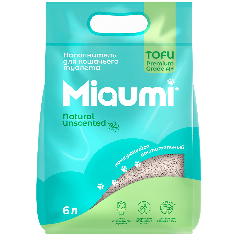 Наполнитель для кошачьего туалета Miaumi TOFU Natural Unscented комкующийся растительный натуральный без ароматизатора 6л