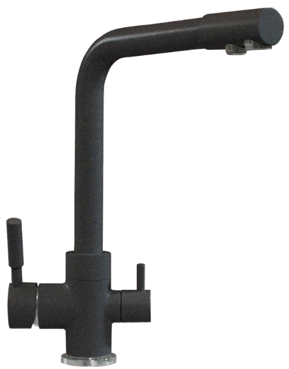 фото Смеситель для кухни Polygran / Полигран Высокий Дуо двухрычажный гибкая подводка гранит черный высота 32.5см излив 230мм / кран для раковины с фильтром для питьевой воды