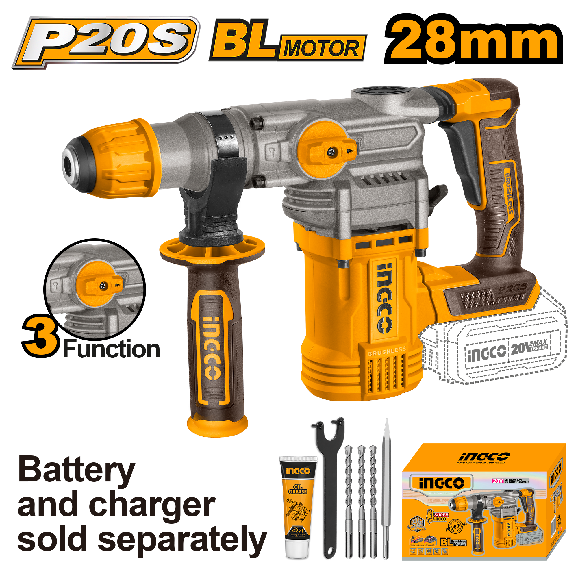 Аккумуляторный бесщеточный перфоратор SDS-Plus INGCO CRHLI20288 INDUSTRIAL 20 В 4,5 Дж