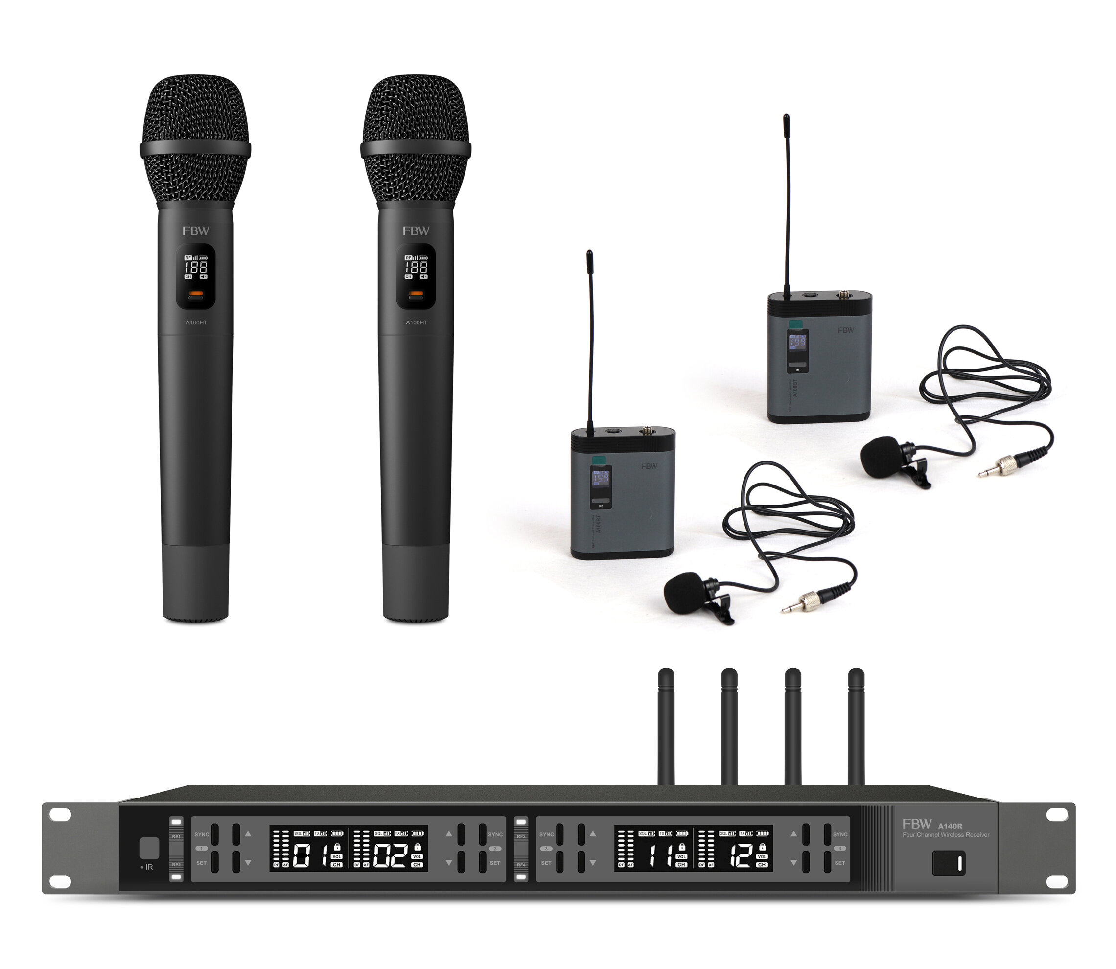 FBW A4-22MIX четырёхканальная радиосистема A140R+2xA100BT+2x100HT 512-562МГц FM-модуляция 2/10/30мВт 3 уровня Squelch индикация батареи 50Гц-15кГц