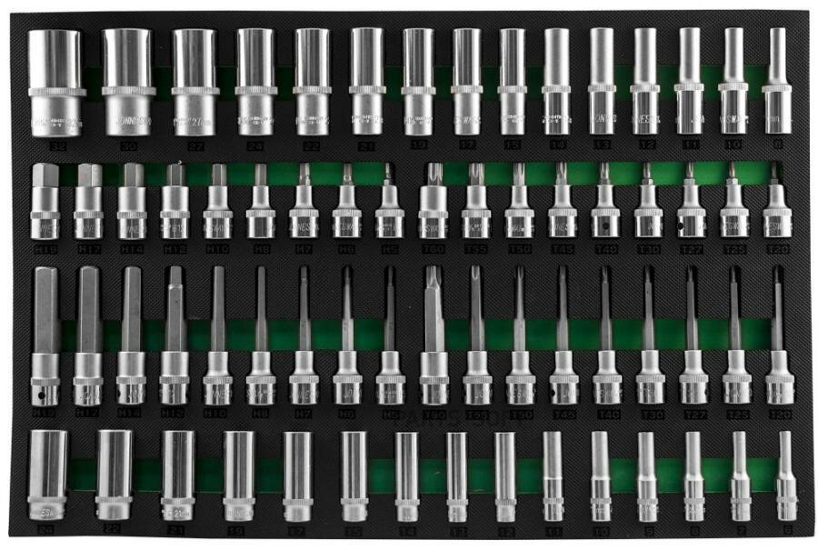 JONNESWAY S04HD4366SV Набор головок торцевых глубоких 3/8, 1/2DR и насадок торцевых 1/2DR с вставками-битами в EVA ложе