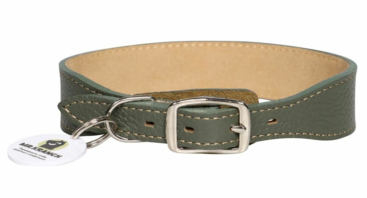 фото MR.KRANCH Ошейник для собак из натуральной кожи с QR-адресником 30-35см оливковый