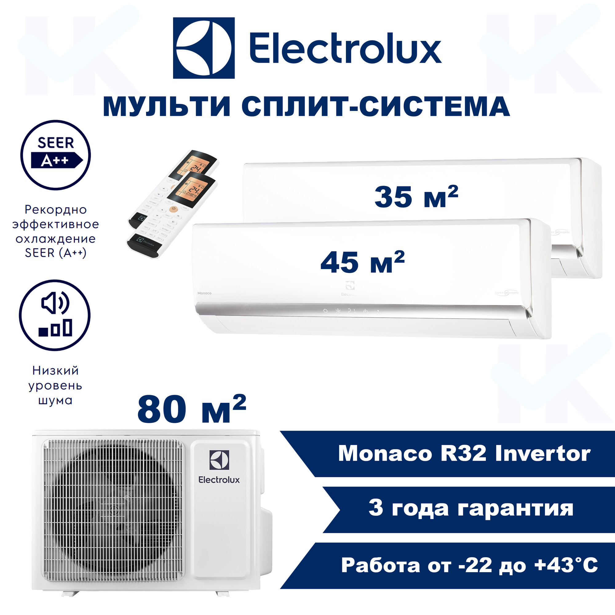 Инверторная мульти сплит-система ELECTROLUX серии Monaco на 2 комнаты (20 м2 + 25 м2) с наружным блоком 55 м2, Постоянная работа