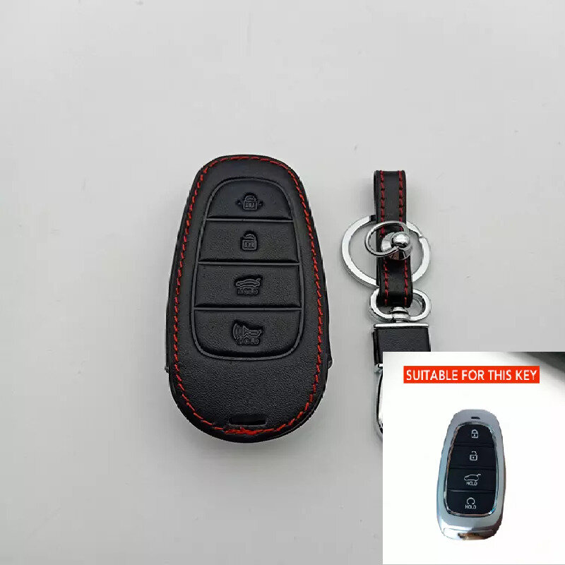 Чехол для автомобильных ключей Хендай Соната, Туссан 4 с 2021 года (4 кнопки) (черная кожа красная нить)