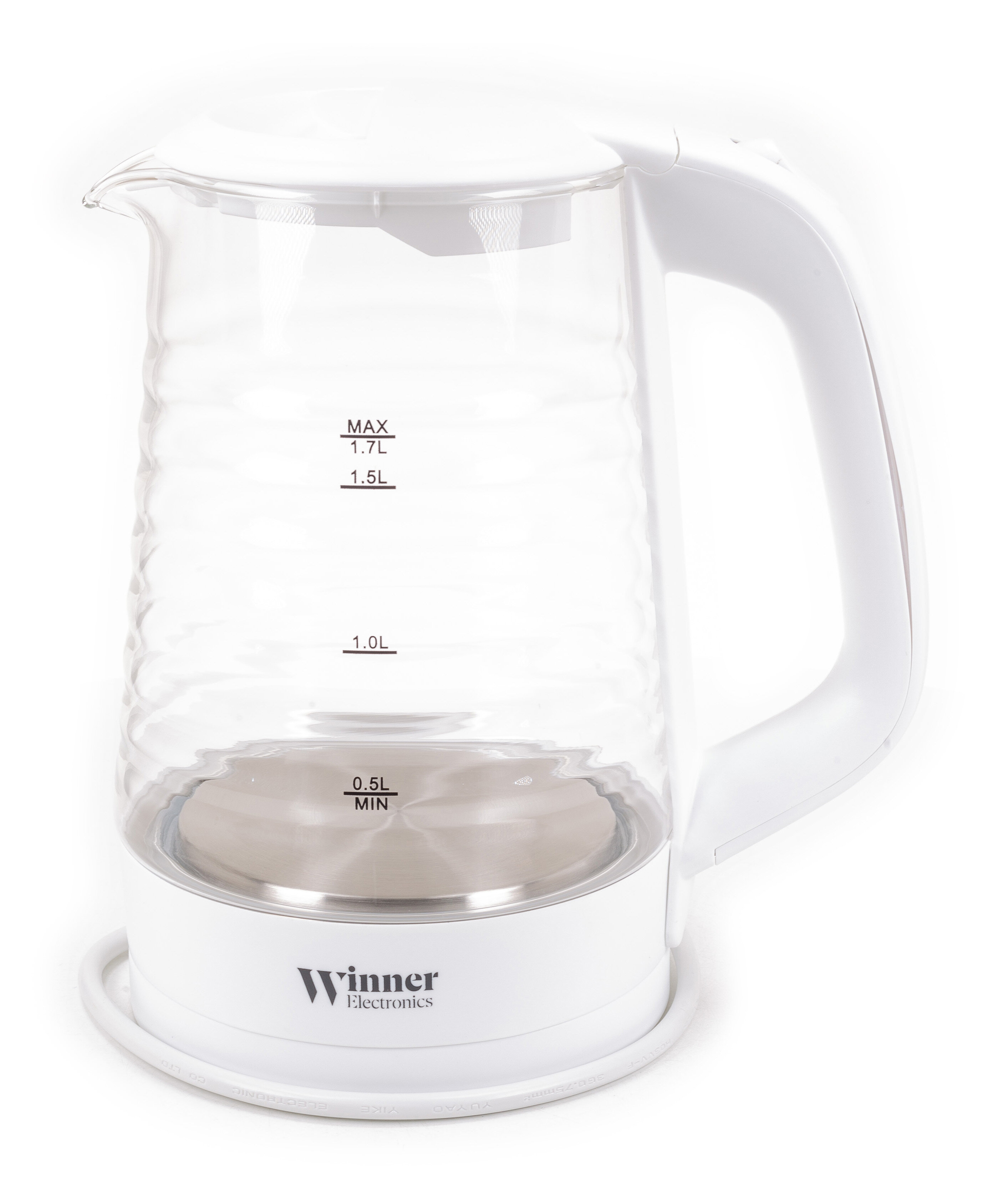 фото Чайник электрический Виннер WR-141 с дисковым нагревательным элементом, из жаропрочного стекла и пластика, белый, 2200Вт, 1.7л / техника для кухни