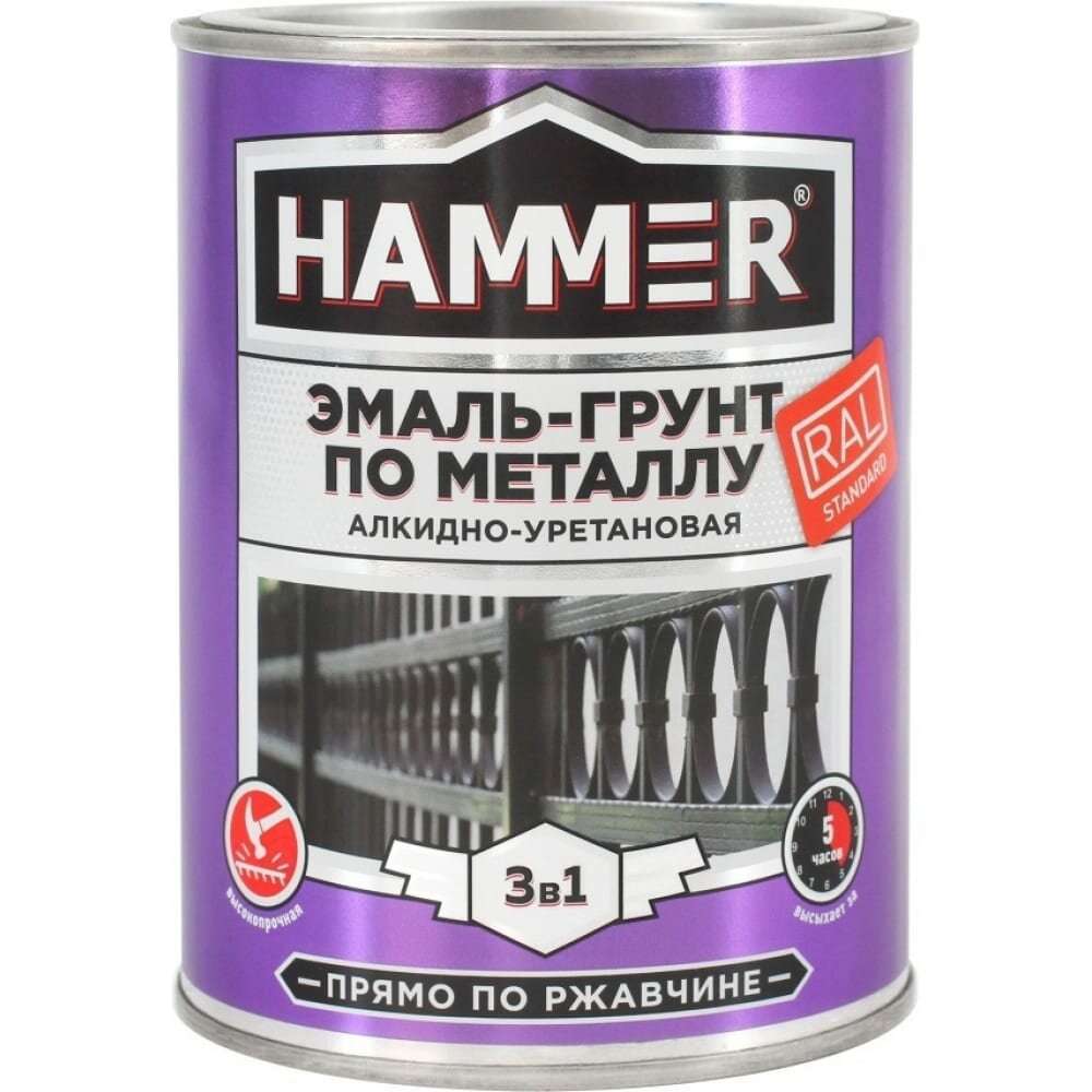 Эмаль-грунт по металлу HAMMER 3в1 АУ п/гл RAL 7004 сигнал. серый 0,9 кг ЭК000133621