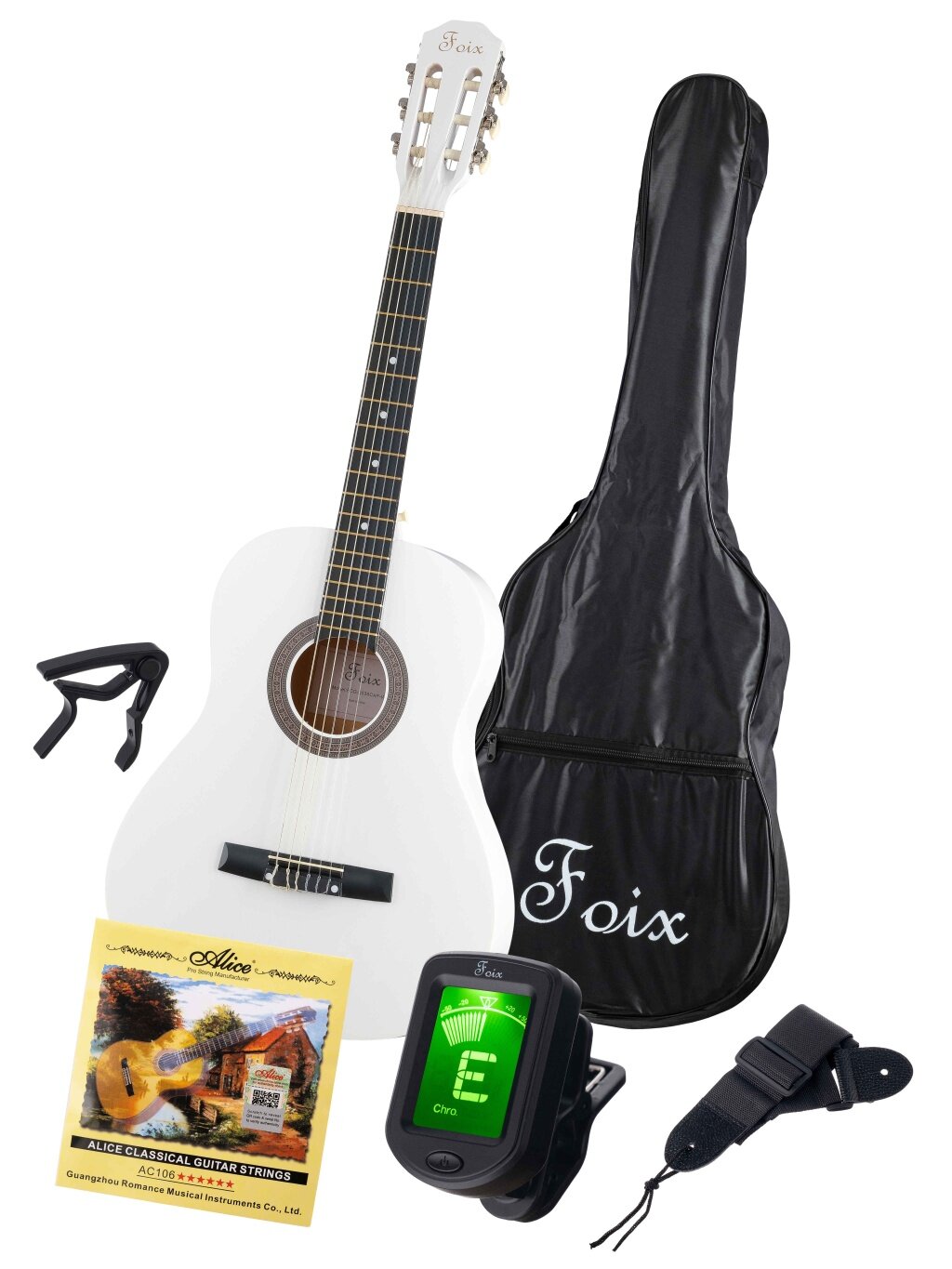 FCG-2036CAP-WH-3/4 Классическая гитара 3/4 с чехлом ремнем тюнером белая Foix