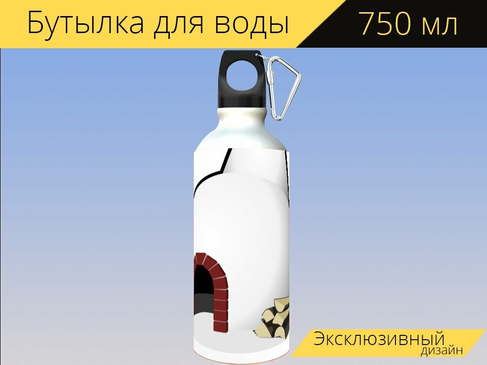 фото Бутылка фляга для воды "Дровяная печь, пицца бейкер, пицца печь" 750 мл. с карабином и принтом