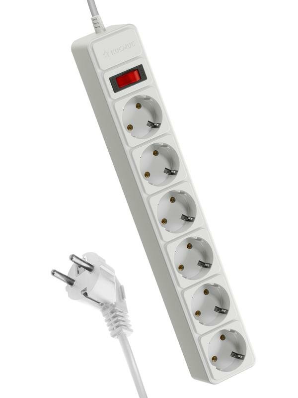 фото Удлинитель с сетевым фильтром 6х1.8м с заземл. 16А IP20 3.5кВт 3х1 с предохранителем с выкл. с индикатором сети бел. Космос FKsm1.8m-6g(W)16A