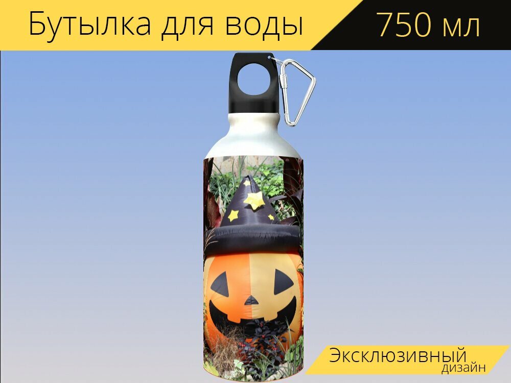 Бутылка фляга для воды "Хэллоуин, украшения, клумба" 750 мл. с карабином и принтом