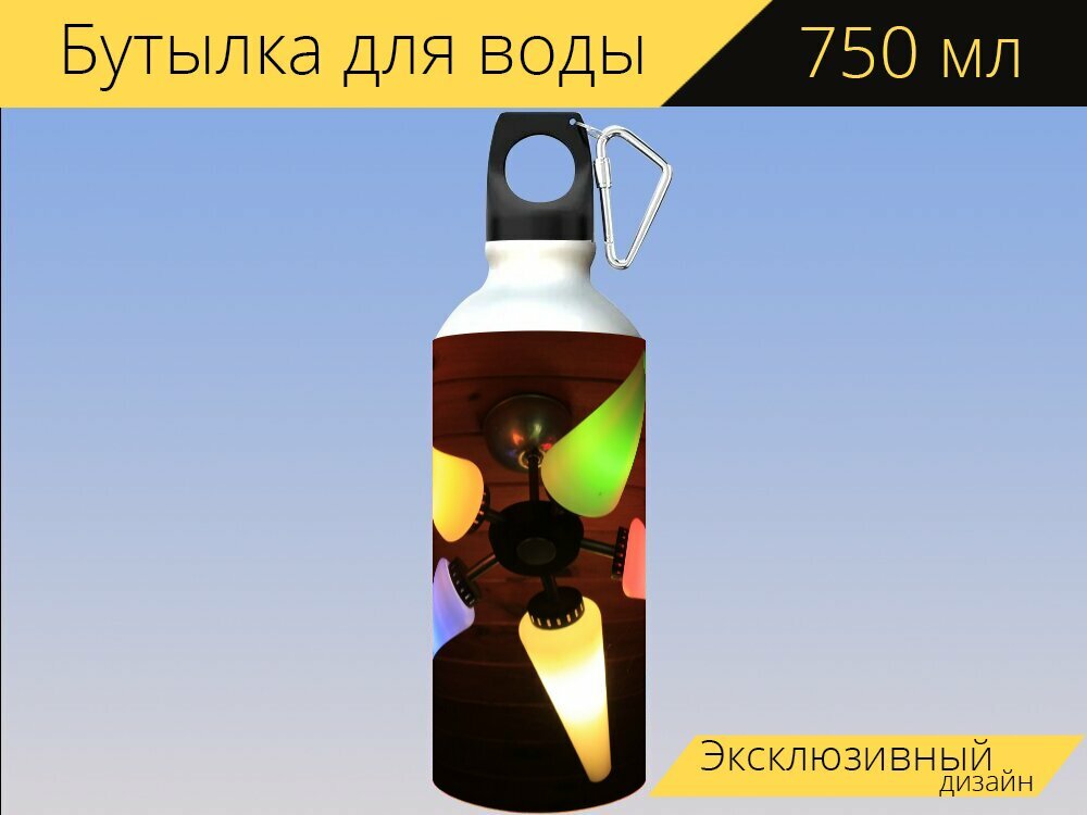 Бутылка фляга для воды "Потолочный светильник, ретро, напольная лампа" 750 мл. с карабином и принтом
