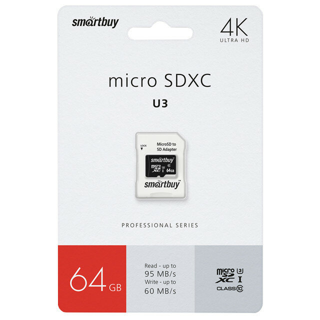 Карта памяти micro sdxc smartbuy 64gb class10 pro s с адаптером sd