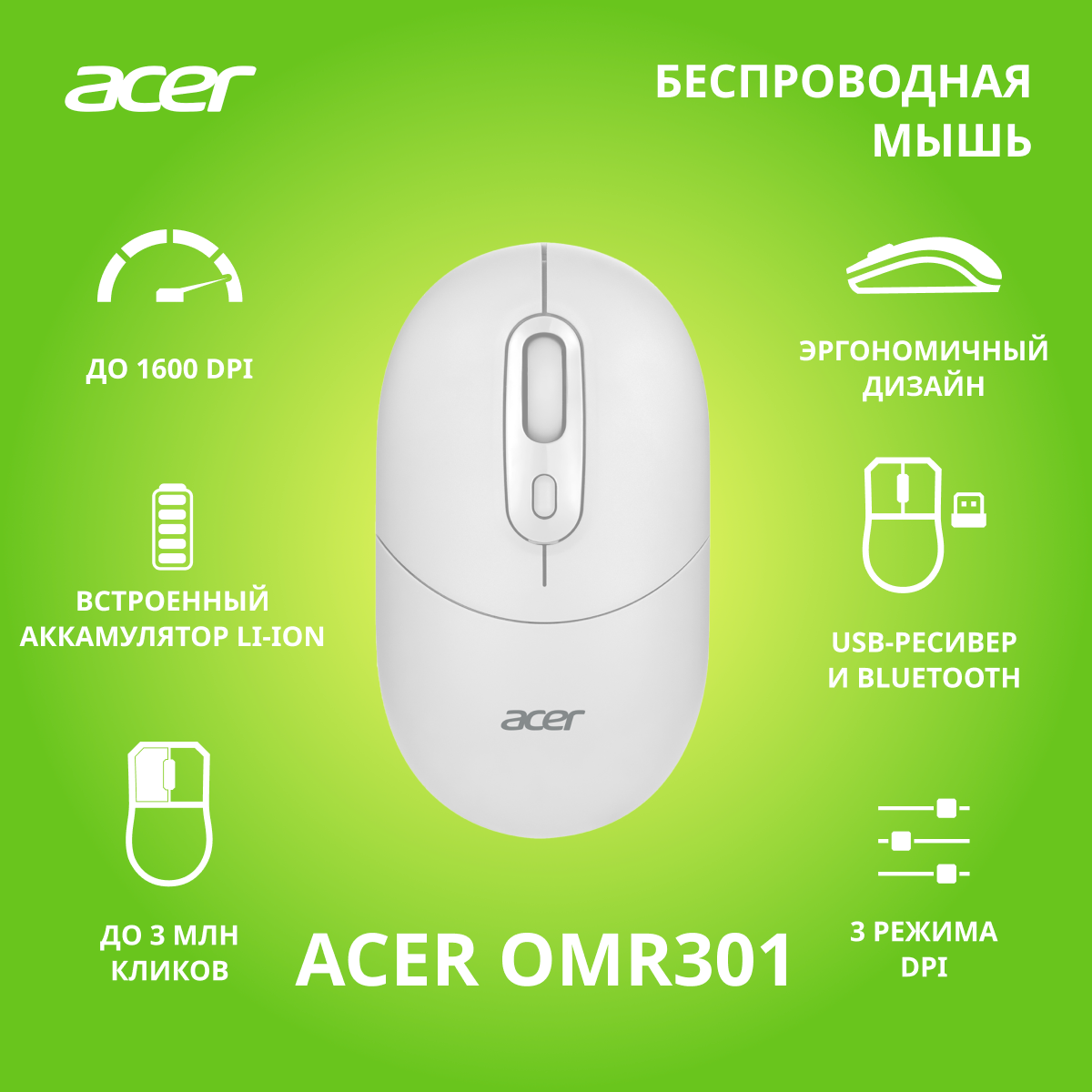 Мышь Acer OMR301, белый (zl. mcecc.01u)