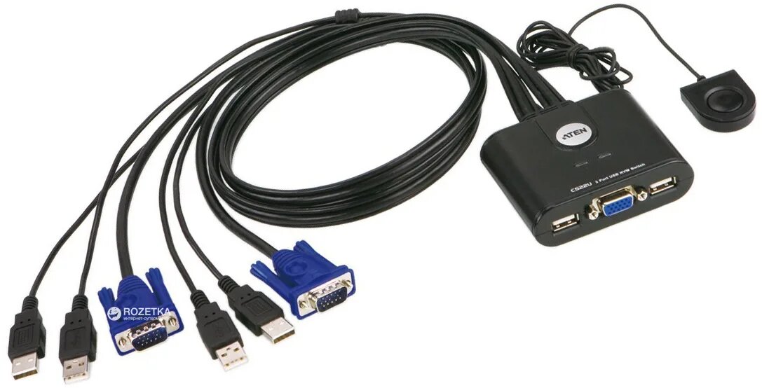 ATEN CS22U Переключатель, электрон, KVM, 1 user USB+VGA => 2 cpu USB+VGA, со встр. шнурами USB 2x0.9м, 2048x1536, настол, исп. стандарт. шнуры, без OSD, некаскад, (переключение между портами только выносной кнопкой!) CS22U