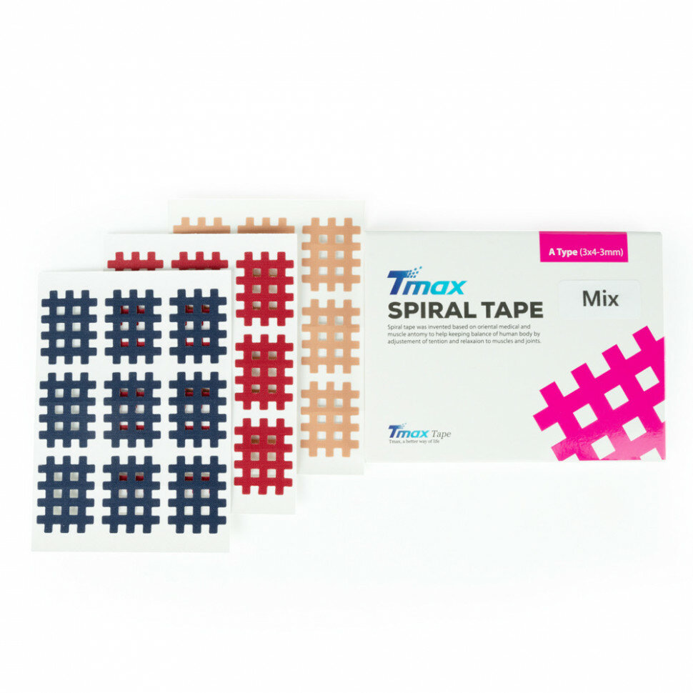 Кросс-тейп Tmax Spiral Tape Type Mix A, 20 листов, 3 цвета; синий, красный, телесный