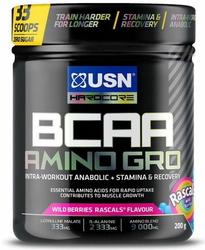 USN ВСАА AMINO-GRO Fruit Fusion БЦАА Амино-ГРО БЦАА Амино-ГРО со вкусом газировки из лесных ягод, порошок, 200г