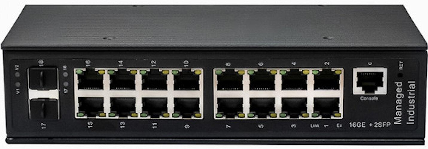 Промышленный управляемый (L2+) HiPoE коммутатор Gigabit Ethernet на 16GE PoE + 2 GE SFP порта с функцией мониторинга температуры/ влажности/ напряжени