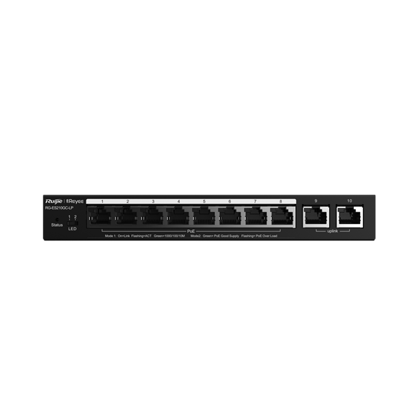 Коммутатор Ruijie Reyee 10-Port Gigabit Smart POE Switch 8 PoE/POE+ Ports with 2 Gigabit RJ45 uplink ports 70W PoE power budget Desktop Steel Case