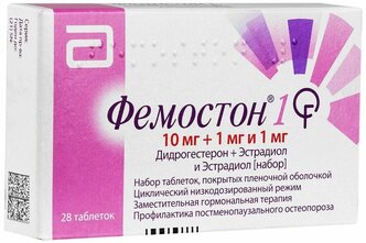 Фемостон 1, набор таблеток в пленочной оболочке 10 мг +1 мг и 1 мг, 28 шт.