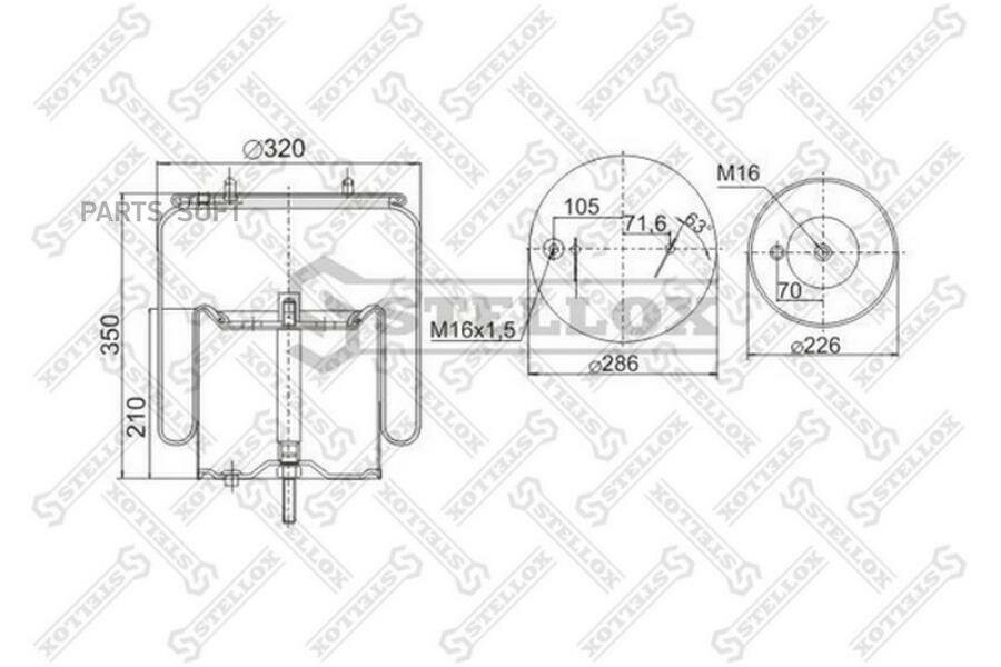 STELLOX 9049131SX 90-49131-SX_пневмоподушка со стак.! h485 2шп.d12.1отв.шт.M16.Порш.мет.1отв.d15.1отв d16\Scania