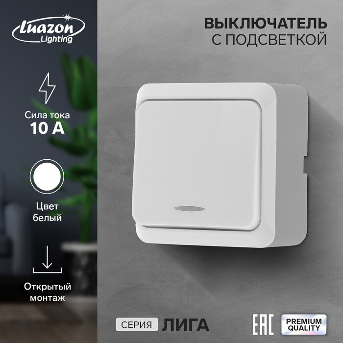 фото Выключатель Luazon Lighting "Лига", 10 А, 1 клавиша, с подсветкой, накладной, белый